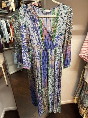 Zara Multi-Print Long Sleeve Maxi Dress in Purple, Green, Blue